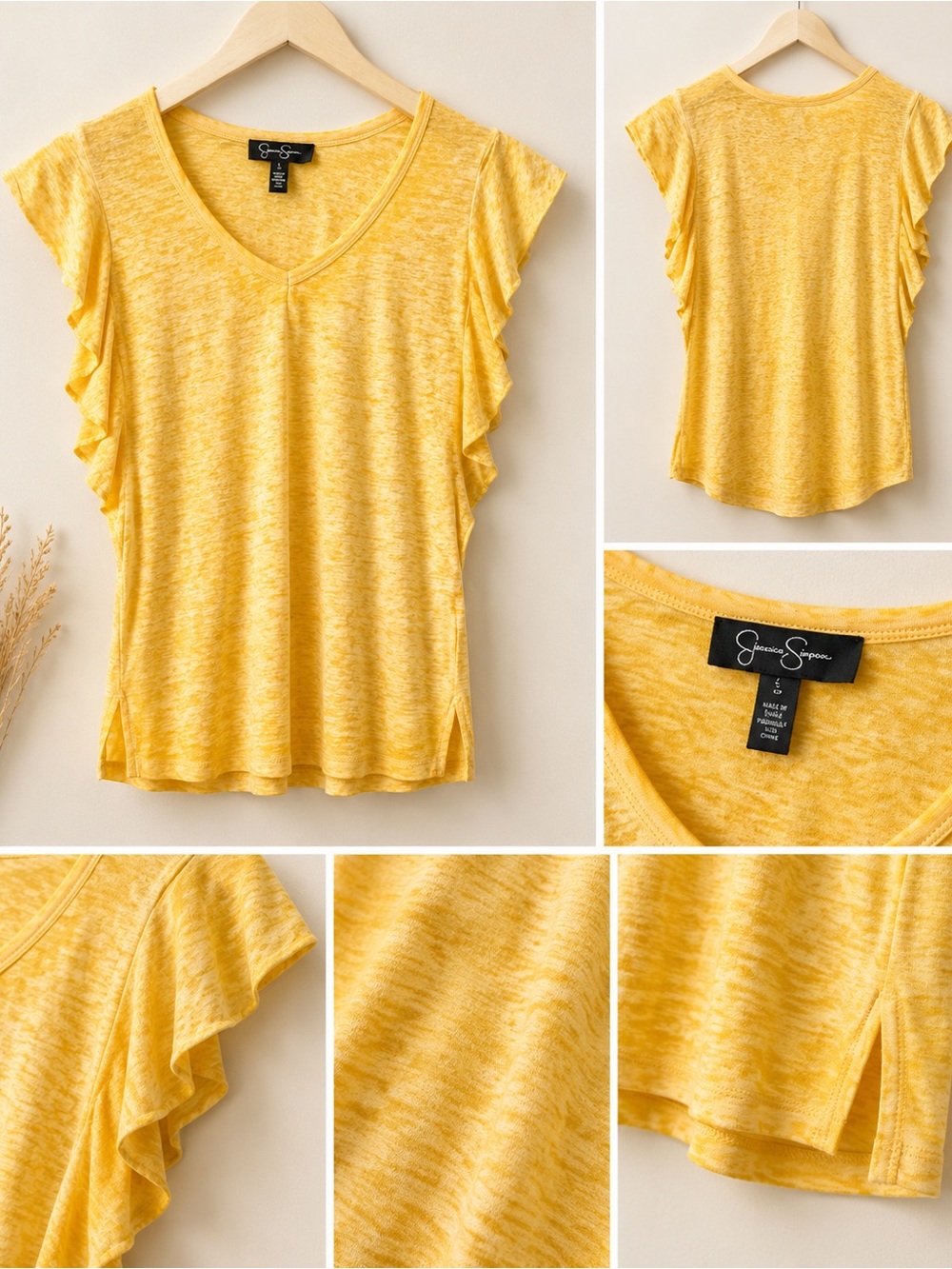 Jessica Simpson Yellow Heathered Ruffle Sleeve V-Neck Top